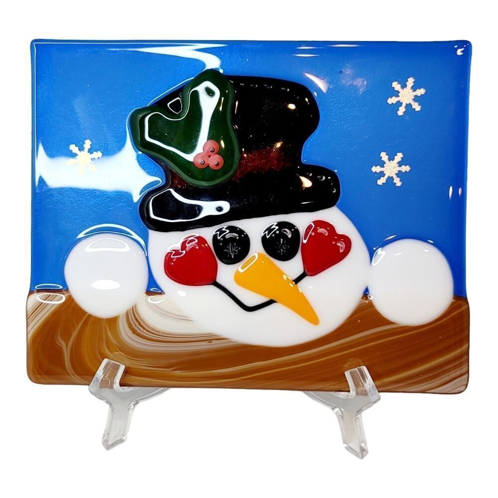 Handpainted Snowman Christmas Fused Art Glass Plate‎ Trivet Signed
